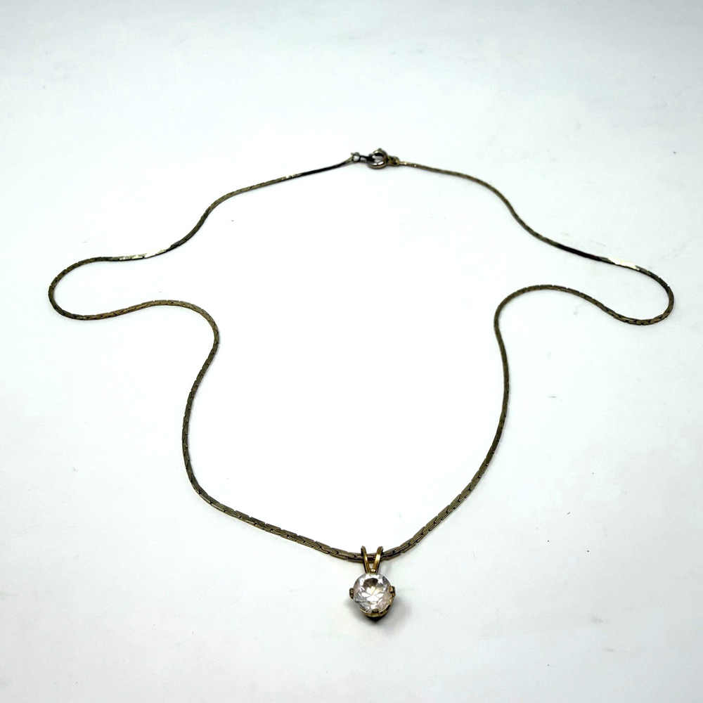 Vintage Gold Filled Chain Necklace Clear Stone Pendant 7.5” GUC